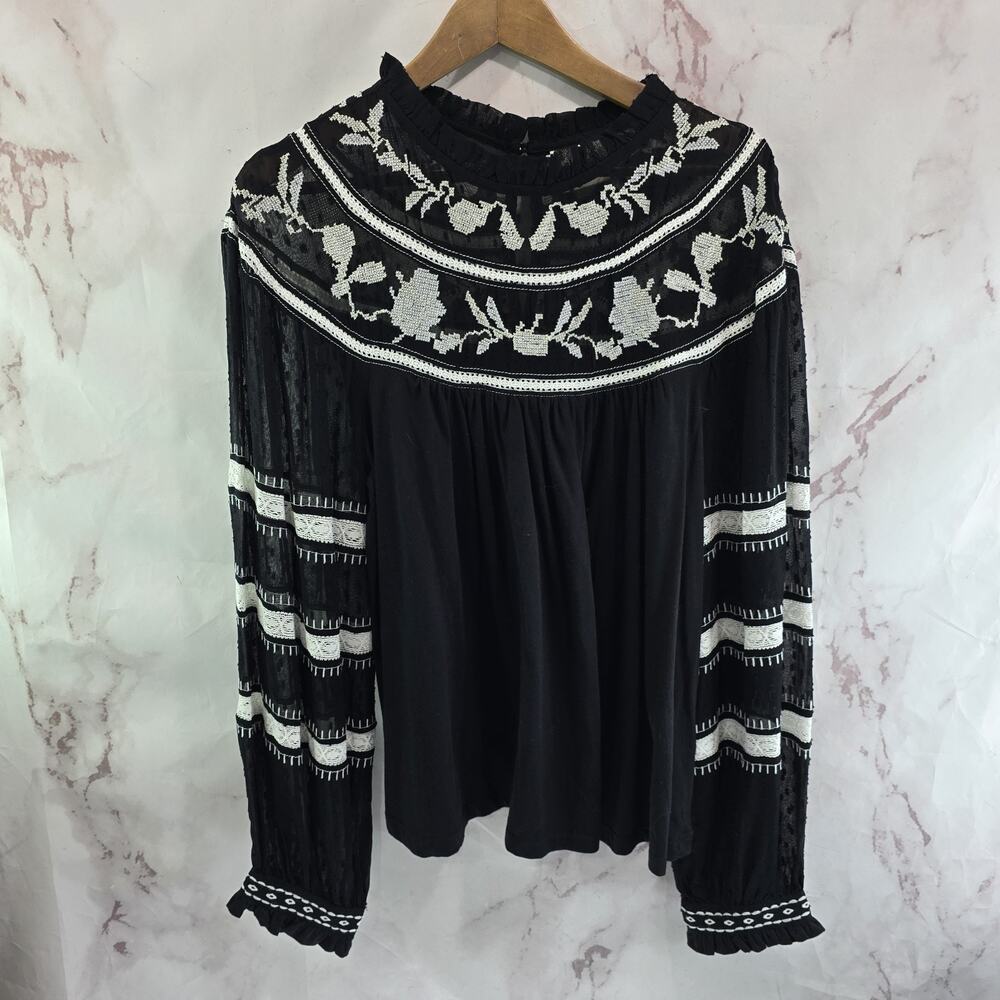 Anthropologie Shirt Womens Medium Black Winona Peasant Embroidered Mixed Stripe
